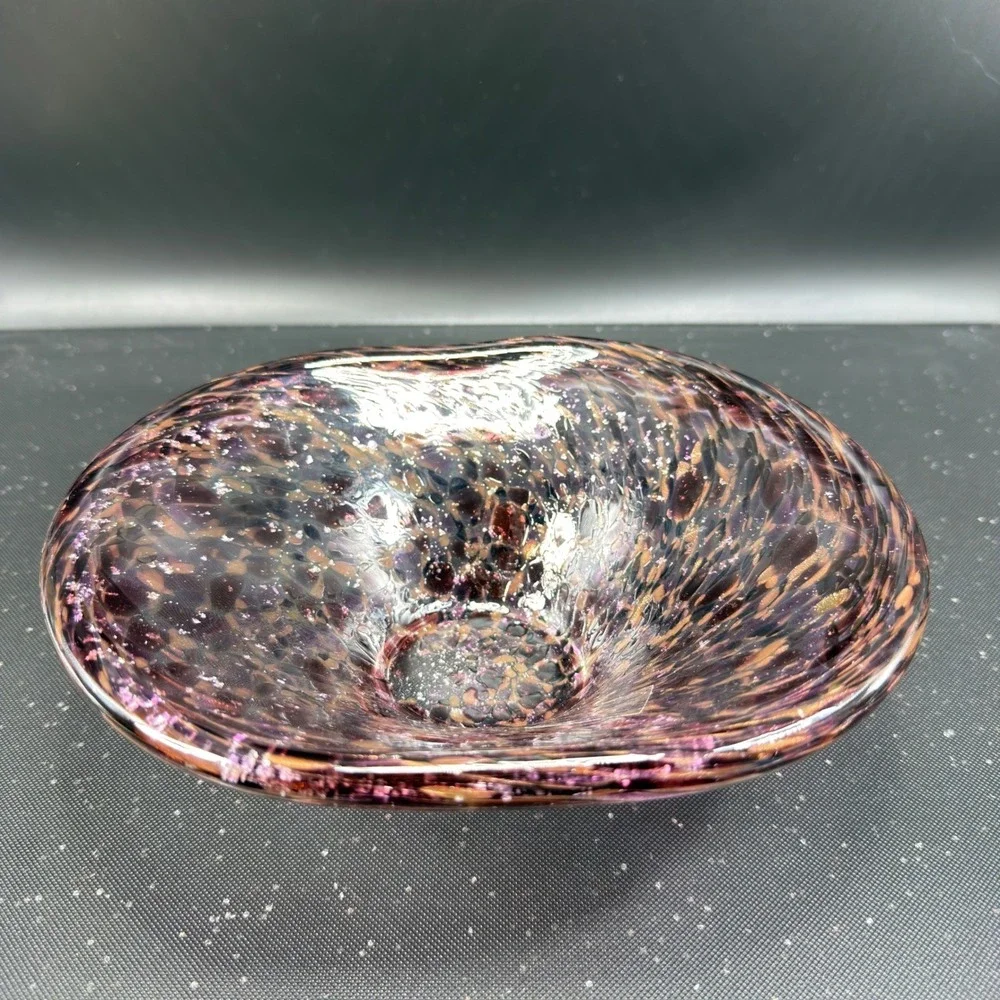Julia Knight Hand Blown Italy Art Glass Bowl Dish Purple Amber‎ Silver Confetti